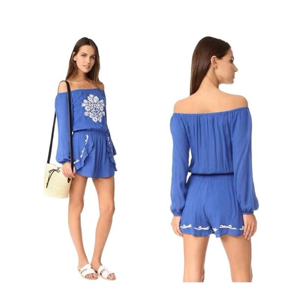 Lovers + Friends Carmella Embroidered Romper Size Small Blue Pockets - Picture 2 of 13